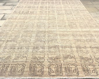 Hand Knotted 9x12 Beige Geometric Wool Area Rug for Living Room bedroom decor