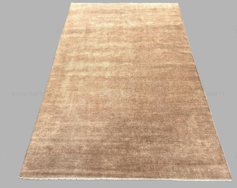 Hand Knotted Brown Wool Rug: Solid Textured Modern Carpet area for living room bedroom