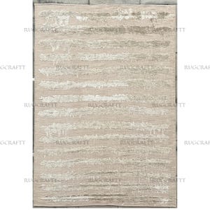 Beige and Ivory Modern Rug, Hand Knotted Wool and Silk 8x10 Carpet, Textured Solid Design, Contemporary Low Pile Living Room Rug