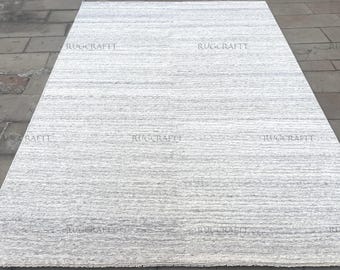 Alfombra moderna de lana gris marfil anudada a mano de 8 x 10 pulgadas para decoración de sala de estar y dormitorio.