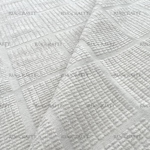 Hand Knotted Ivory Wool Textured Rug 8x10, Modern Grid Pattern Carpet, Soft Plush Wool Area Rug for Living Room, Bedroom or Office