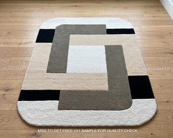 Hand Tufted Geometric New Zealand Wool Area Rug Modern Abstract Neutral Living Room Carpet