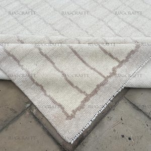 Ivoor taupe lijnpatroon tapijt, handgeknoopt wollen tapijt 8 x 10, modern minimaal laagpolig vloerkleed voor woonkamer, slaapkamer of eetkamer
