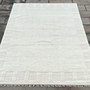 Ivory Cream Wool Rug Quick Ship 8x10 – Hand Knotted High Low Pile Carpet with Textured Square Border, Modern Minimalist Area Rug