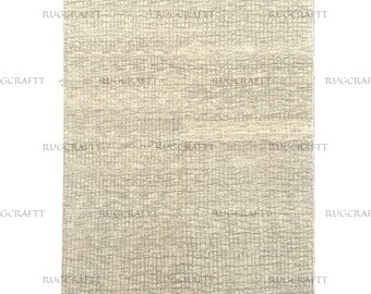 Gestructureerd beige wollen handgeknoopt vloerkleed (8x10) – Modern geruit design