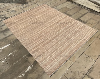 Hand Knotted Wool Silk Rug, Beige Taupe Box Grid, Modern Minimalist 8x10