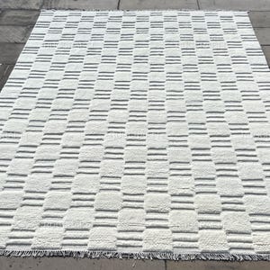Handgeknoopt wollen vloerkleed Quick Ship 8 x 10 – ivoor crème modern neutraal tapijt met verhoogd blok hoog/laag textuur, minimalistisch vloerkleed