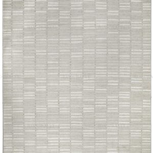 May include: A rectangular area rug with a geometric pattern. The rug features a light gray background with horizontal white stripes arranged in a staggered pattern. The rug has a textured appearance.
