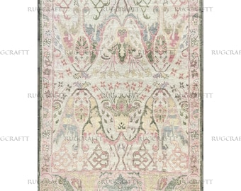 Hand Knotted Oushak Wool Rug , Pastel Pink Green Floral Carpet For Living Room , bedroom