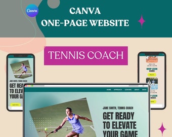 Canva Website Template: Tennis Coach; one-page simple, modern and clean website for your business