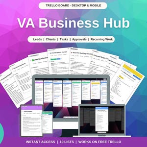 May include: A digital Trello board template titled VA Business Hub, featuring a desktop and mobile interface display. The graphic includes multiple document overlays for leads, clients, tasks, and approvals, set against a purple and teal background.