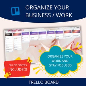Op de afbeelding: Een digitale illustratie van een Trello-bord met de tekst "Organiseer uw bedrijf/werk" en "Organiseer uw werk en blijf gefocust". Het bord is verdeeld in kolommen met de labels "Doelen", "Notities", "Maandag", "Dinsdag", "Woensdag", "Donderdag", "Vrijdag", "Wachtrij" en "Gedaan". De illustratie bevat een spraakballon met de tekst "38 lijstcovers inbegrepen!" en een Trello-logo.