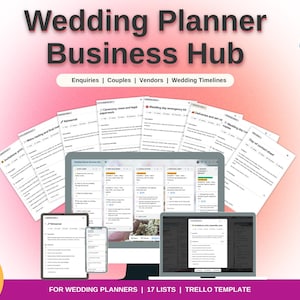 Può includere: Un modello Trello digitale Wedding Planner Business Hub visualizzato su un monitor di computer, tablet e smartphone. L'interfaccia presenta elenchi per richieste, coppie, fornitori e tempistiche, con sovrapposizioni di testo 17 LISTS e FULLY EDITABLE.