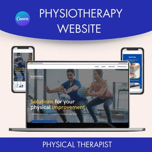 May include: A website for a physical therapist, featuring a photo of a therapist working with a patient. The website has a blue and white color scheme and includes the text "Solutions for your physical improvement".
