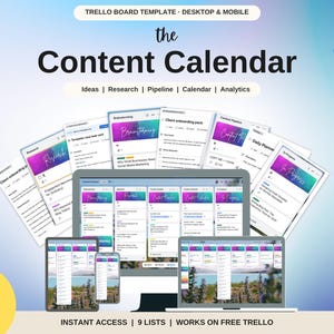May include: A Trello board template for content calendars, featuring desktop and mobile views, nine lists, and January-December planning. The digital interface displays sections for ideas, research, pipeline, calendar, and analytics with customizable cards.