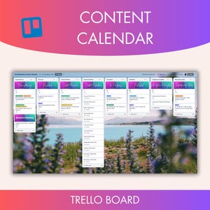 Könnte beinhalten: Ein Trello-Board mit einem bunten Hintergrundbild eines Sees und Bergen. Das Board ist mit "Small Business Content Calendar" betitelt und hat Spalten mit den Bezeichnungen "Brainstorming", "Recherche", "Content Pipeline", "Content Calendar", "In Progress", "Published", "Analytics & Insights" und "Recurring Ideas".