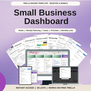 以下が含まれることがあります： スモールビジネスダッシュボード用のTrelloボードテンプレート。デスクトップおよびモバイル表示に対応しています。目標、週間計画、タスク、優先事項、月間リストなど38のリストが含まれています。ワンクリックで設定可能で、完全にカスタマイズできます。