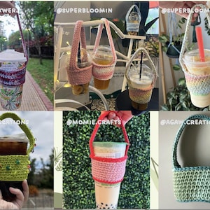 May include: A collection of handmade crochet cup holders in various colors, including pink, green, and rainbow hues. Each holder has a strap for carrying and is designed to fit standard-sized beverage cups. The holders are shown with iced drinks.