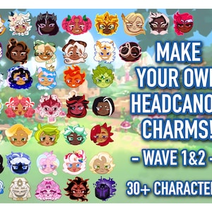 Puede incluir: Una colección de más de 30 iconos de cabezas de personajes coloridos y estilizados dispuestos en una cuadrícula. El texto a la derecha dice: MAKE YOUR OWN HEADCANON CHARMS! - WAVE 1&2 - 30+ CHARACTERS. Los iconos muestran diversos colores de pelo.