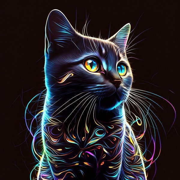 Cute cat, neon, light painting, 2k, illustration