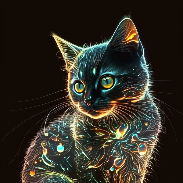 Cute cat, neon, light painting, 2k, illustration