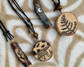 Hand Burned & Painted Wood Slice | 2 in 1 Adjustable Necklace and Ornament | Small Pyrography Disc Pendant, Nylon Cord, Tiger's Eye, Fern