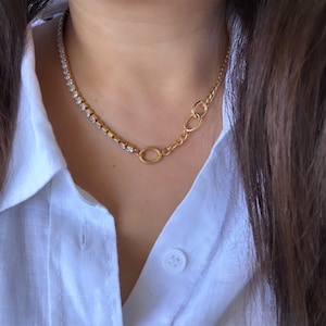 Cuban Tennis Chain Choker Necklace, CZ Stones Splicing Necklace, Sparkly Cubic Zircon Chunky Necklace, Wife Birthday Gift
