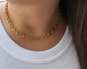 18K Chain Choker Necklace, Link Necklace, Sparkly Chunky Necklace, Thick Gold Chain Statement Necklace, Adjustable chain 13.5-15.5 inch