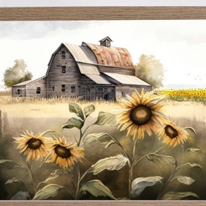 Sunflower Landscape Wall Art Country Decor Farmhouse Wall Art for Gift Watercolor Barn Wall Art Farm Landscape Decor Country Wall art