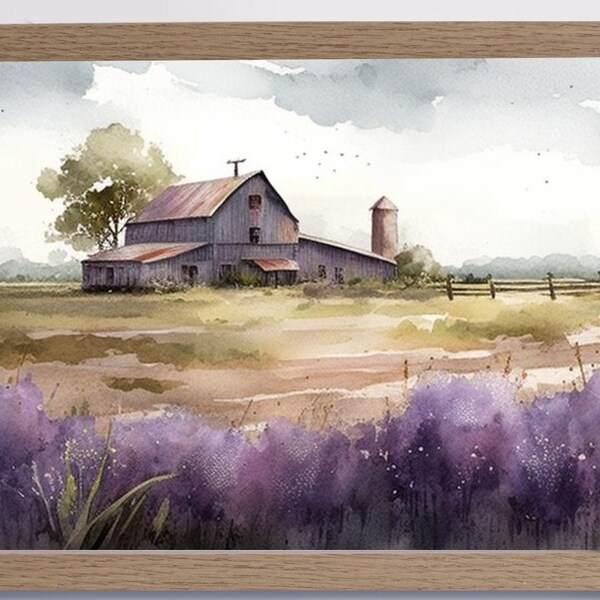 Lavender Landscape Wall Art Farmhouse Decor Wildflower Fields Wall for Livingroom Housewarming Gift Watercolor Landscape Wall Art Lavender