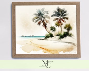 Beach With Palm Trees Wall Art For Beach House Wall Decor Beach Tropical Wall Art for Office Wall decor Watercolor Beach Landscape Decor