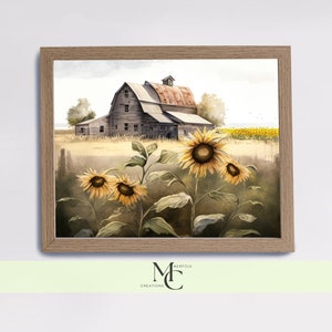 Sunflower Landscape Wall Art Country Decor Floral Fields Wall Art for Gift Watercolor Barn Wall Art Farm Landscape Decor Nature Wall art