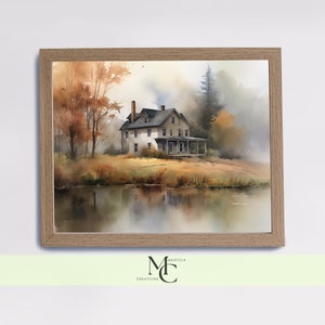 Lakefront Barn Watercolor Wall Art, Farmhouse Landscape Print, Rustic Watercolor print, Housewarming Gift, Lakefront Barn