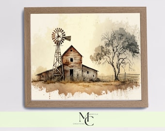 Barn with windmill Poster Print, Farm Art, Landscape, Watercolor, Barn, Farm Style, Contemporary barn art, Wall Decor, House Decor