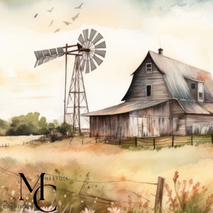 Windmill Barn Farmhouse Wall Decor, Farm Country Style Wall art, Barn Landscape Decoration, Watercolor Wall art, Vintage Wall Decor