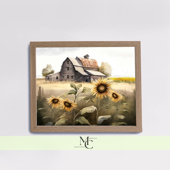 Sunflower Landscape Wall Art Country Decor Farmhouse Wall Art for Gift Watercolor Barn Wall Art Farm Landscape Decor Country Wall art