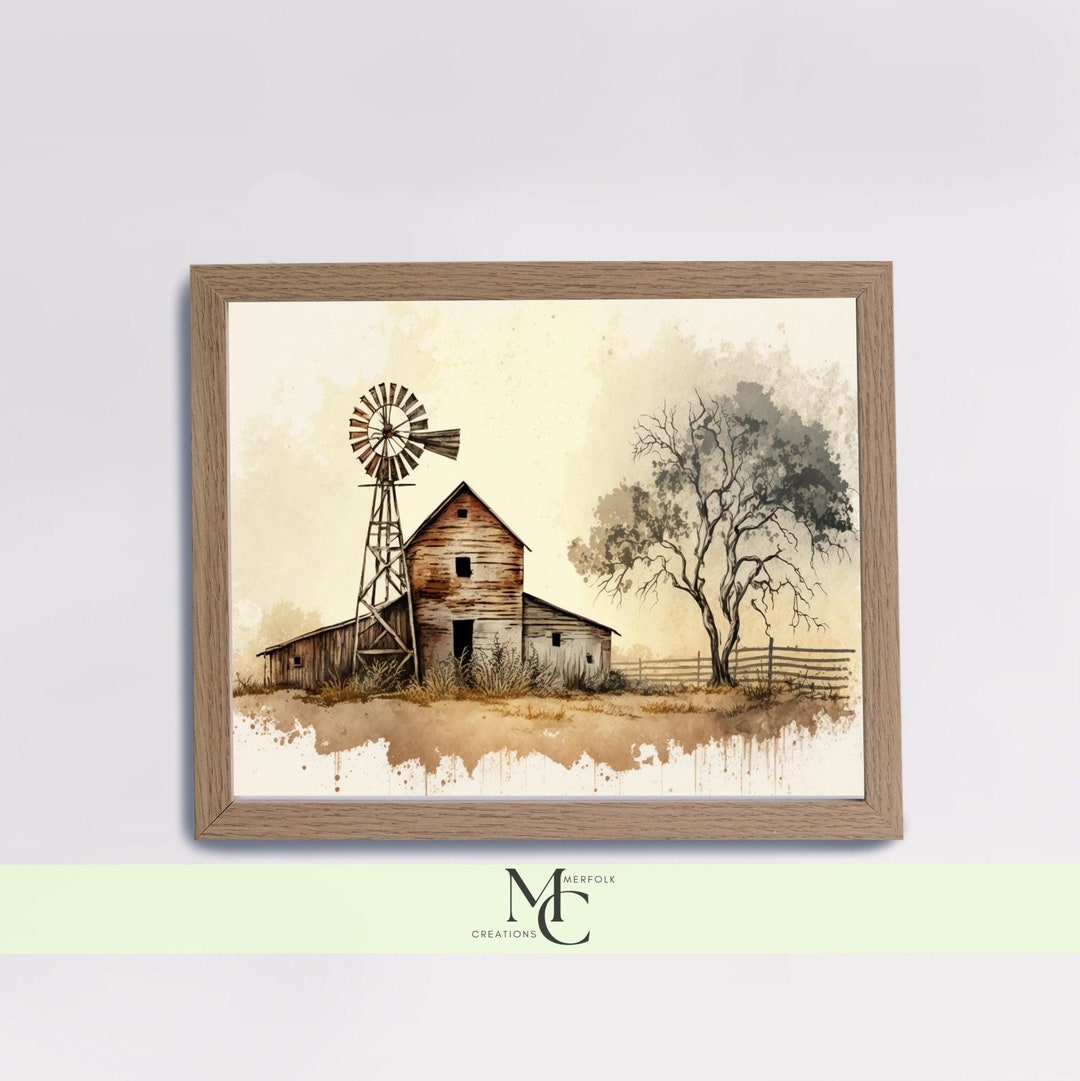 Barn With Windmill Poster Print, Farm Art, Landscape, Watercolor, Barn