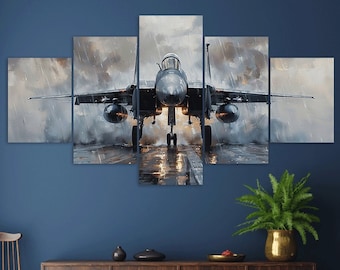 May include: A grey fighter jet on a runway in the rain. The jet is facing the camera with its landing gear down. The background is a blurry image of clouds and rain.