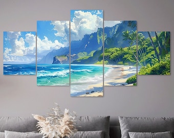Tropical Beach Canvas Wall Art, 5-Panel Palm Tree Print