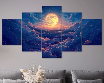 Lienzo decorativo de fantasía de luna llena, impresión de cielo nocturno de 5 paneles