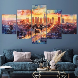 Downtown Los Angeles Sunset Landscape 5 Piece Canvas Wall Art Framed Multi Panel Prints Abstract Painting Style Art Modern Home Decor