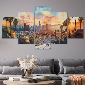 Los Angeles California Car Traffic Sunset Landscape 5 Piece Canvas Wall Art Framed Multi Panel Prints Painting Style Art Modern Home Decor