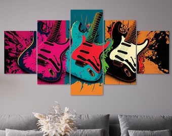 Abstract Guitars Music Instrument 5 Piece Canvas Wall Art Framed Multi Panel Prints Painting Style Art Modern Home Decor