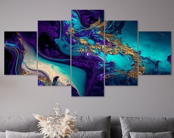 Aquamarin Lila Gold Marmor Abstrakte Muster 5 Stück Leinwand Wandkunst Gerahmt Multi Panel Drucke Moderne Wohnkultur