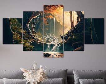 Waterfall Forest Canvas Wall Art, 5 Panel Nature Print