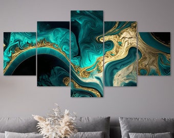 Grün Gold Marmor Abstrakte Muster 5 Stück Leinwand Wandkunst Gerahmt Multi Panel Drucke Moderne Wohnkultur