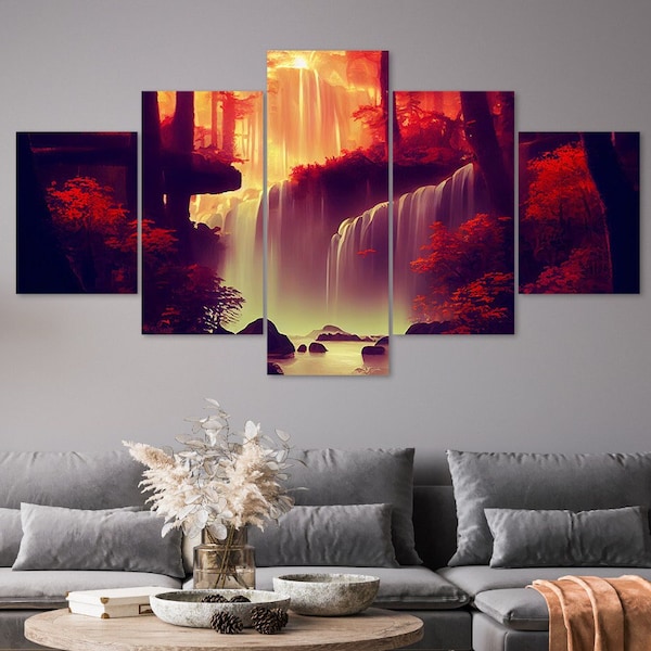 Red Fantasy Nature Waterfall 5 Piece Canvas Wall Art Framed Multi Panel Prints Modern Painting Style Art Home Decor