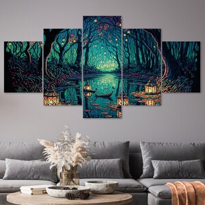 Fantasy Forest Mystical Water Canal 5 Piece Canvas Wall Art Framed Multi Panel Prints Abstract Painting Style Art Modern Home Decor