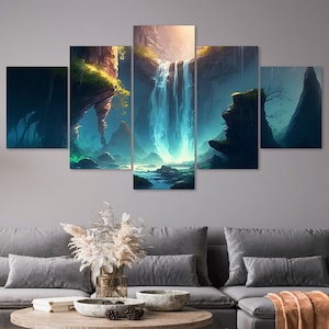 May include: A five-piece canvas print set depicting a waterfall cascading down a rocky cliff face. The waterfall is a vibrant blue and green, and the rocks are a dark gray. The background is a soft blue, and there are hints of green foliage.