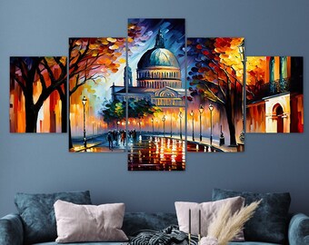 Quadro em tela com paisagem urbana de Paris, pintura abstrata em 5 painéis.